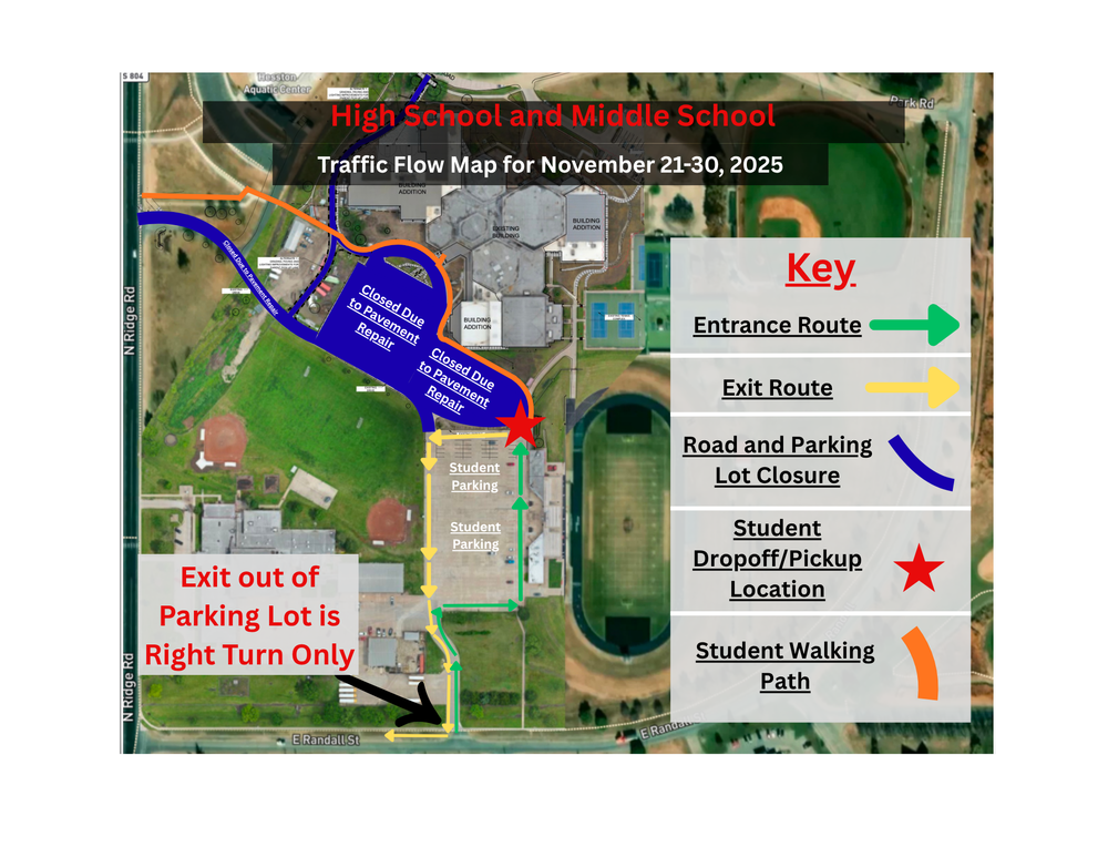 Traffic Flow Map for Hesston High/Middle School during Ridge Road drive closure
