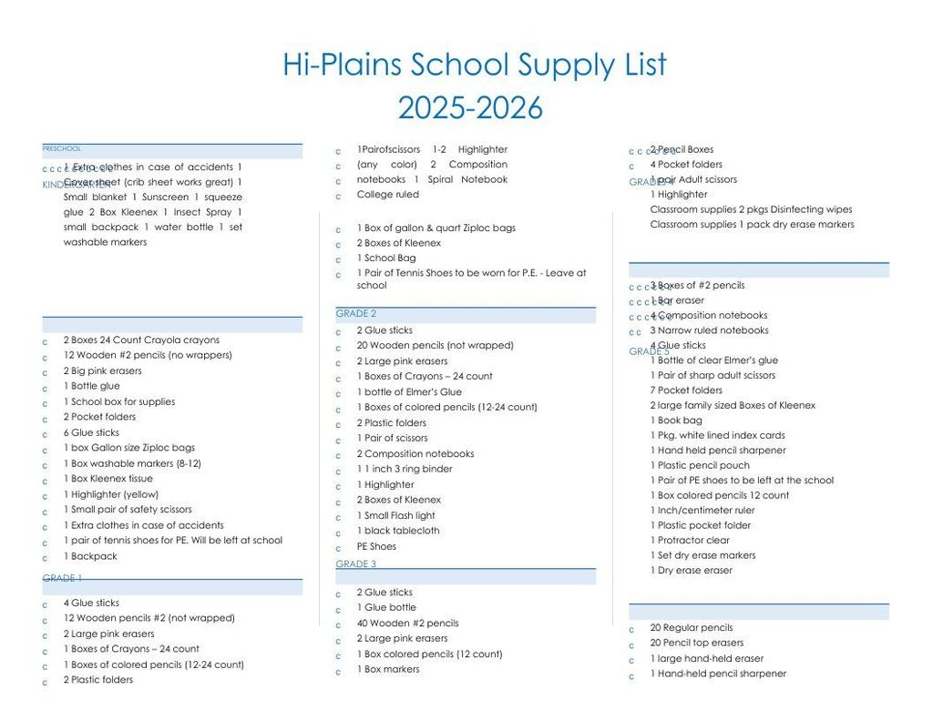 School Supply List Page 1