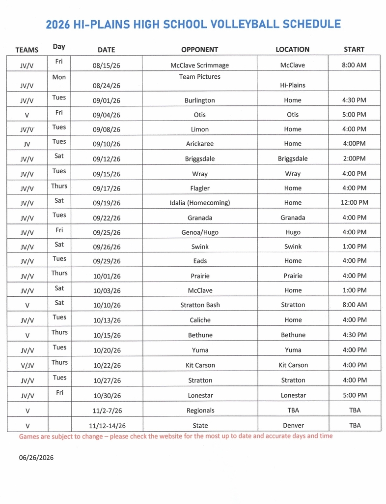 2026 HS Volleyball Schedule
