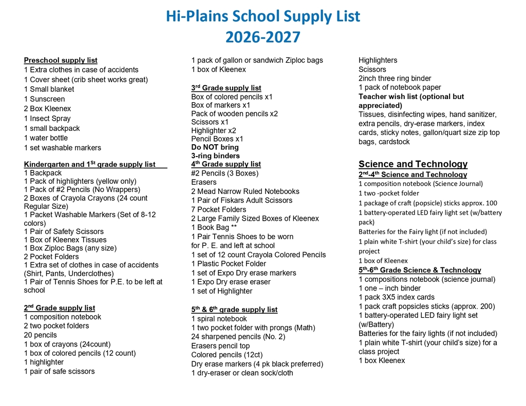2026-2027 School Supply List Page 1