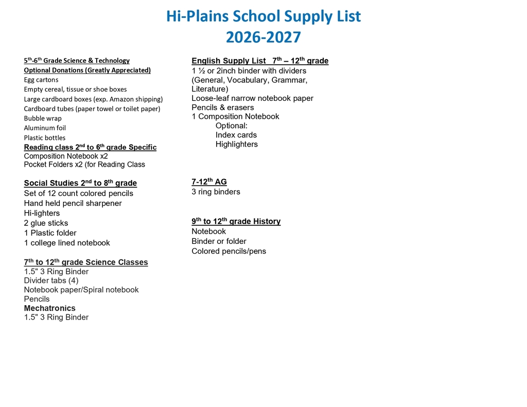 2026-2027 School Supply List Page 2