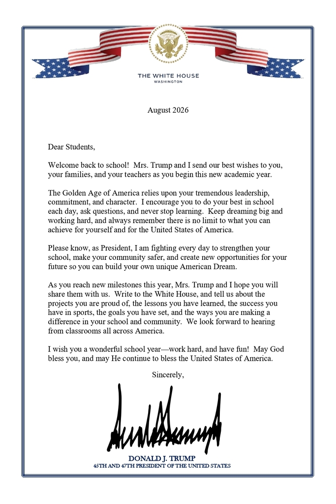Back to School Letter from President Trump