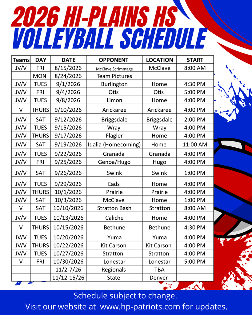 2026 HP HS VB Schedule
