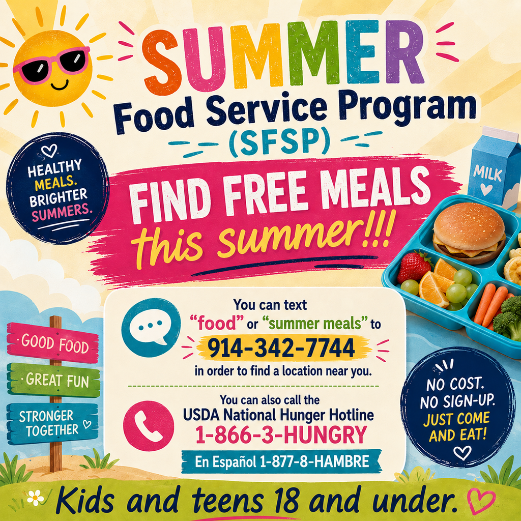 SFSP announcement for free summer meals ages 18 and under.