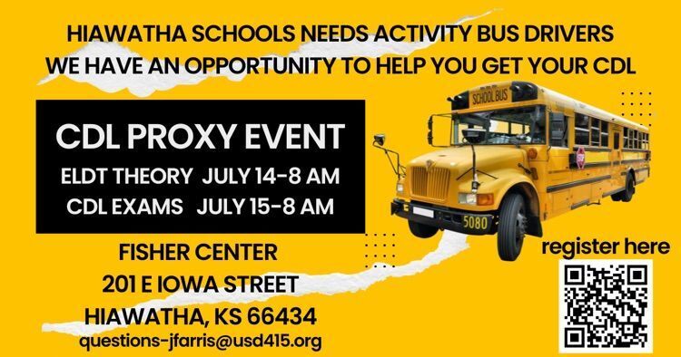 USD 415 is looking for bus drivers, activity and subs for routes, for the 2026-27 school year. We will help you get your CDL learner's permit and then complete your paid training. You need a clean driving record and be able to pass a background check. This is open to anyone seeking any level of CDL and endorsements. Email jfarris@usd415.org for more information.