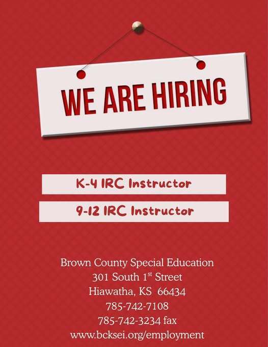Certified staff positions are open! Please apply at educatekansas.org or download an application at www.bcksei.org/employment