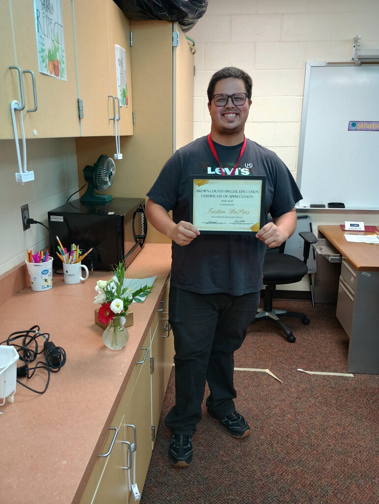 Tristan DuPuis received our first appreciation award. He’s been a para at HMS Life Skills for 4 years