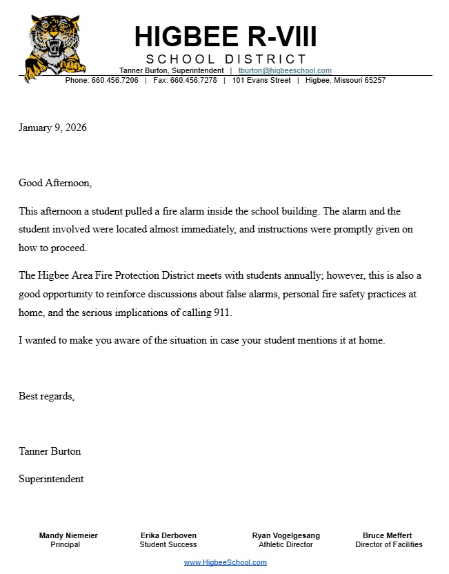 letter about today's fire alarm
