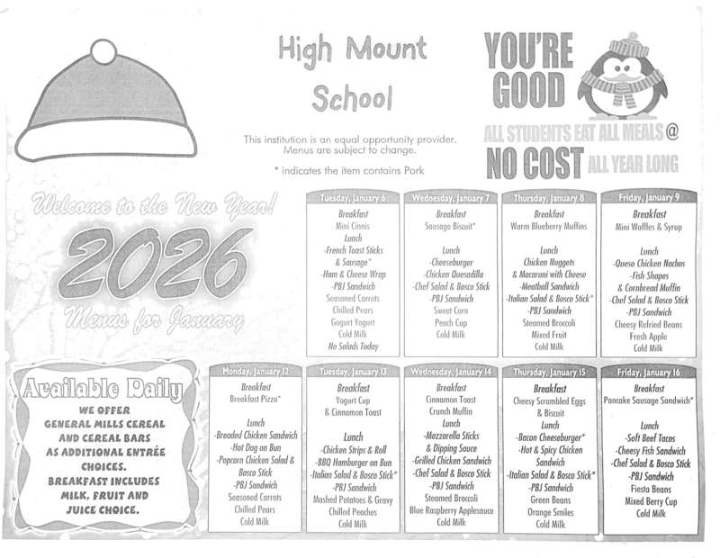 Menu Jan 6-16 Grades K-8