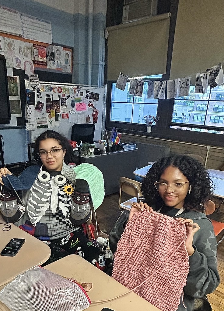Students knitting their scarves 