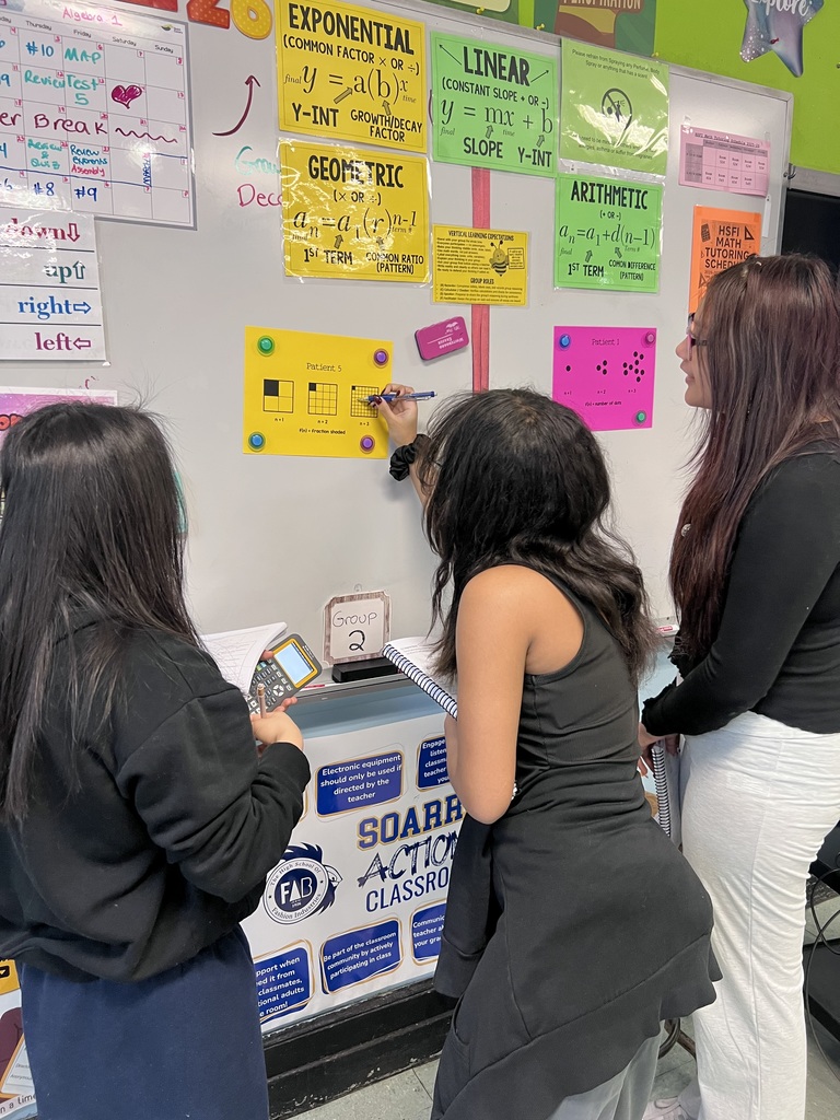 In Ms. Goldstein’s and Ms. Klepacki’s Algebra 1 classes, students worked in randomly assigned groups to analyze visual “sequence patients,” diagnose them as arithmetic or geometric, write explicit formulas, and determine the 5th and 20th terms, all through a Regents-ready vertical learning activity.