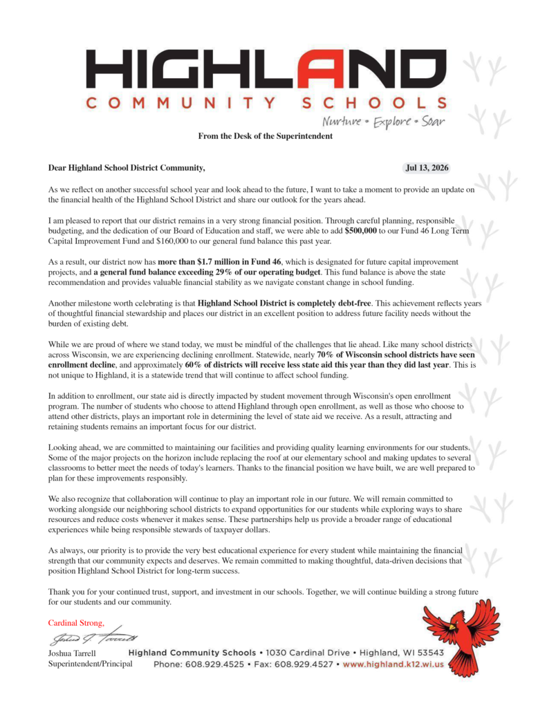 July 2026 From the Desk of the Superintendent letter