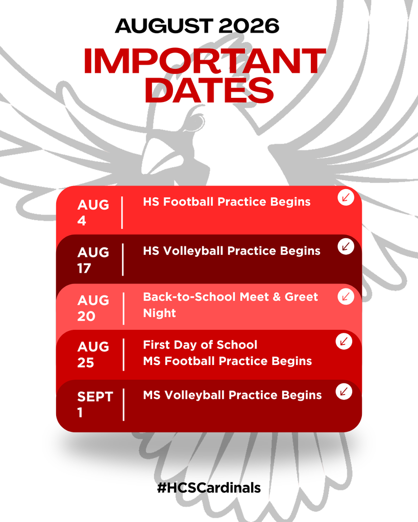 August 2026 Important Dates #HCSCardinals