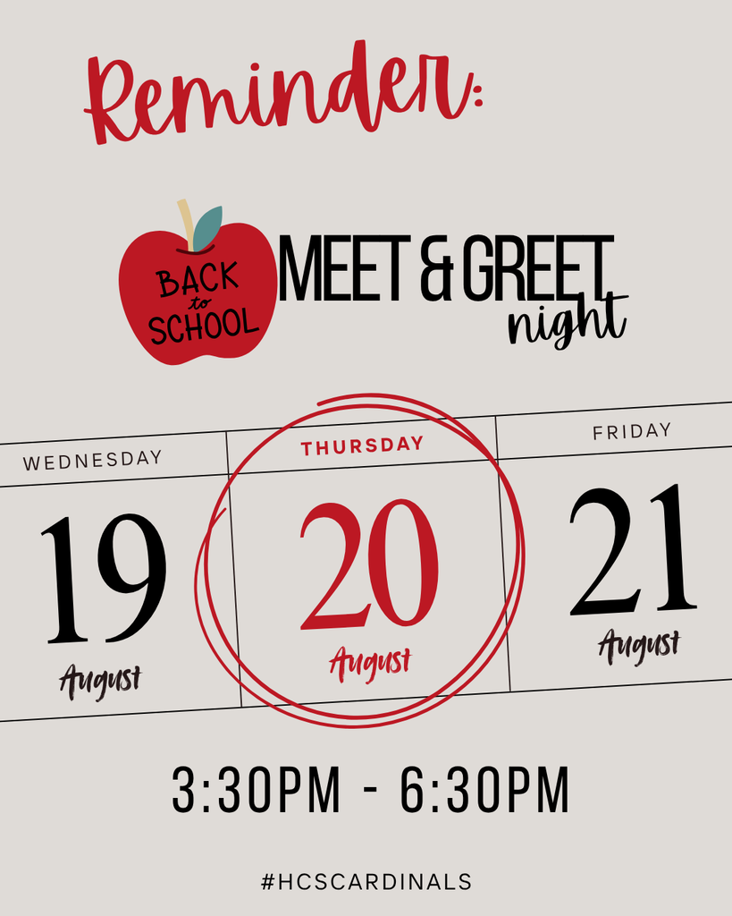 REMINDER - 2026 Back-to-School Meet & Greet Night, August 20 from 3:30-6:30 PM