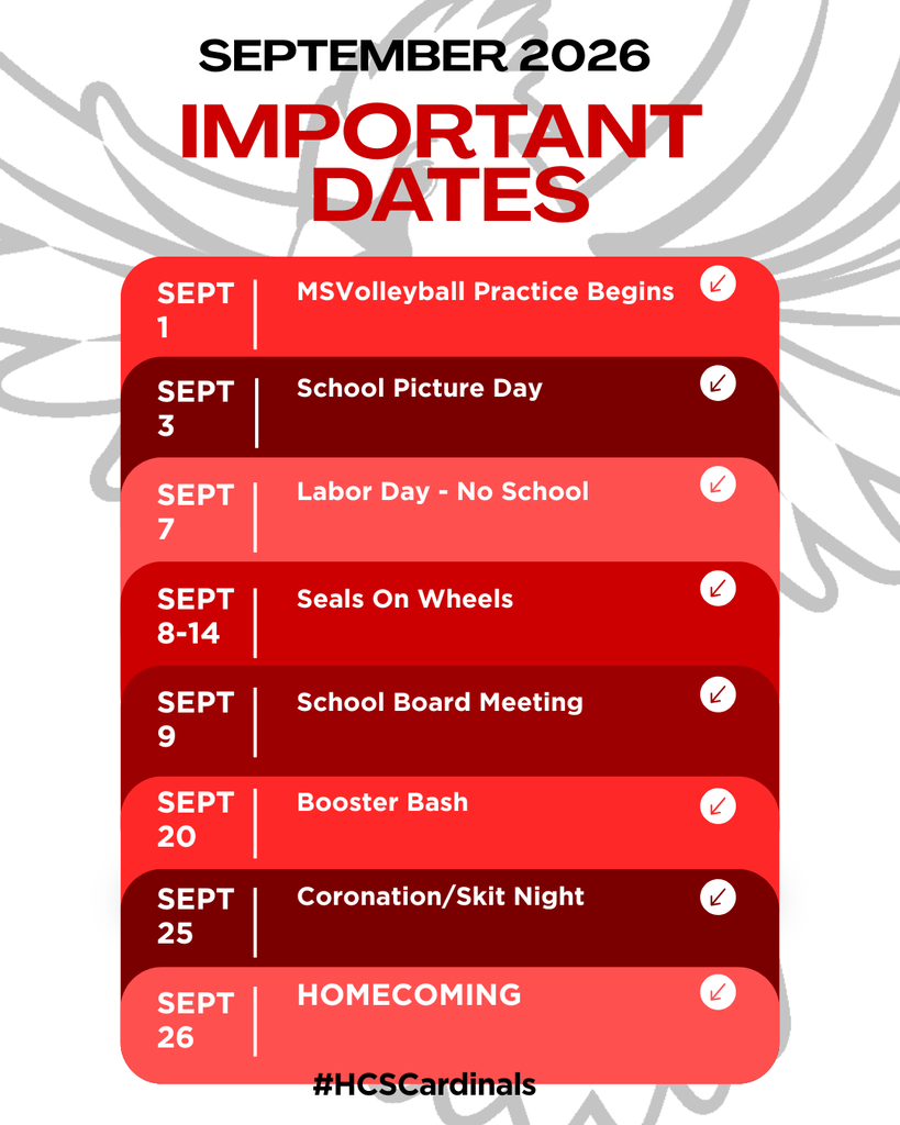 September 2026 #HCSCardinals Important Dates