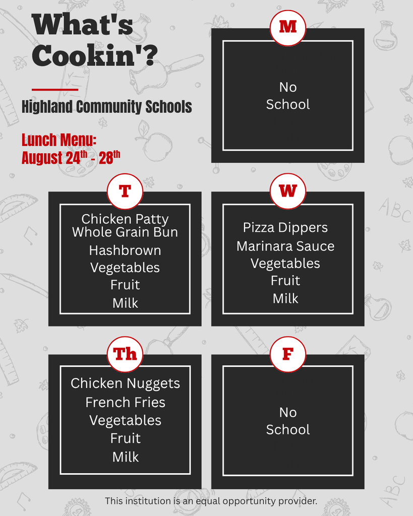 #HCSCardinals Lunch Menu 8/24-8/28