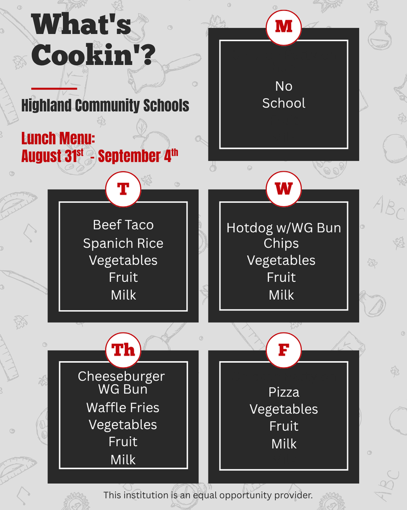 #HCSCardinals Lunch Menu 8/31-9/4