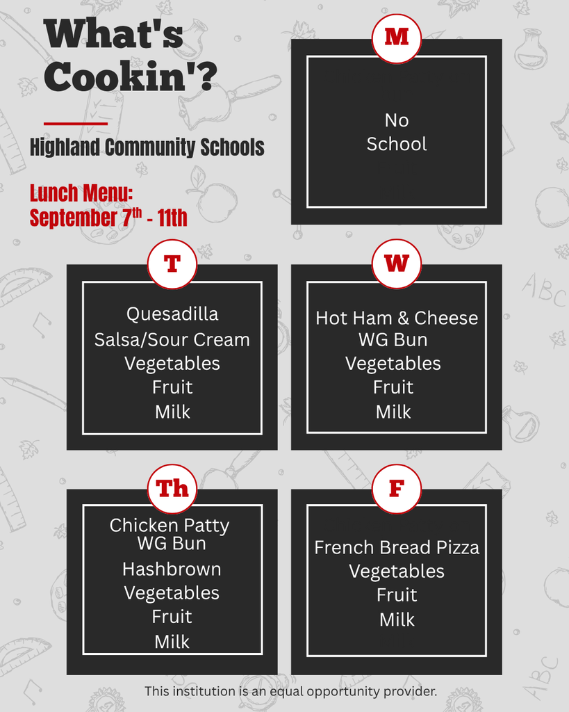 #HCSCardinals Lunch Menu 9/7-9/11