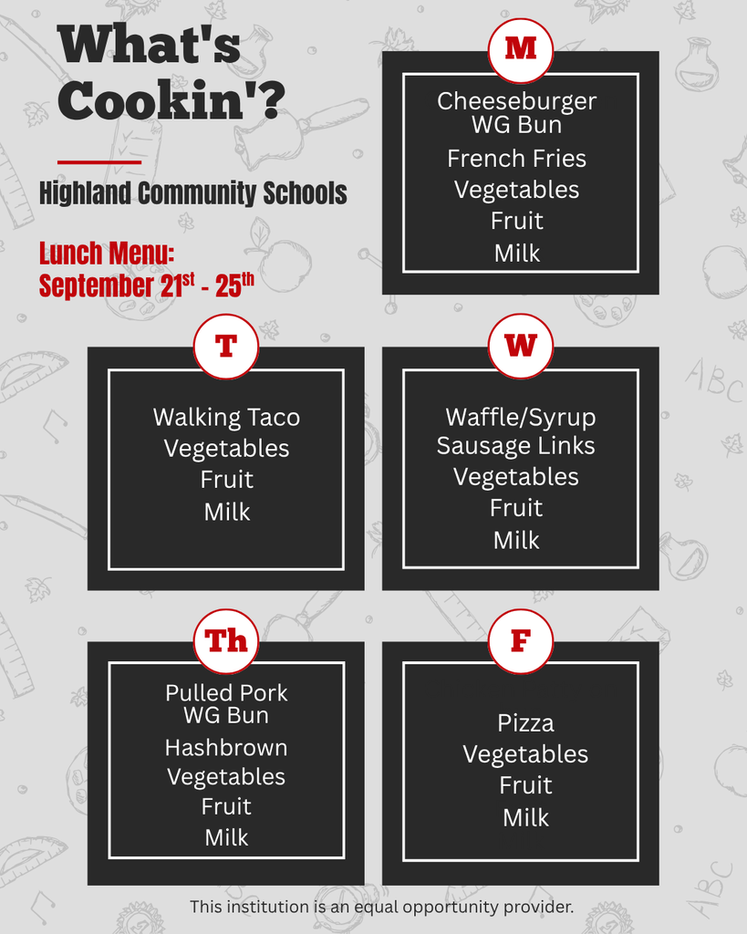 #HCSCardinals Lunch Menu 9/21-9/25