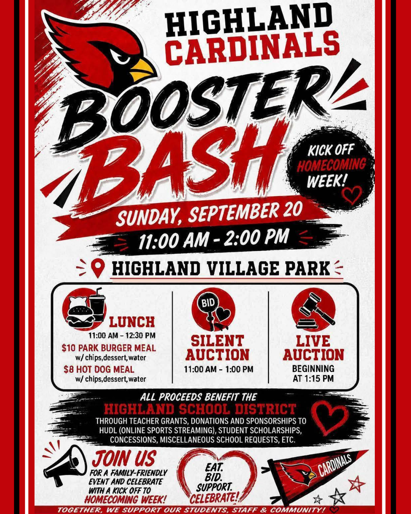2026 Homecoming Ki8ck Off, Highland Boosters/PTO Booster Bash 11am-2pm