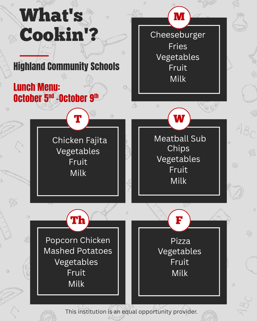 #HCSCardinals Lunch Menu October 5 - 9