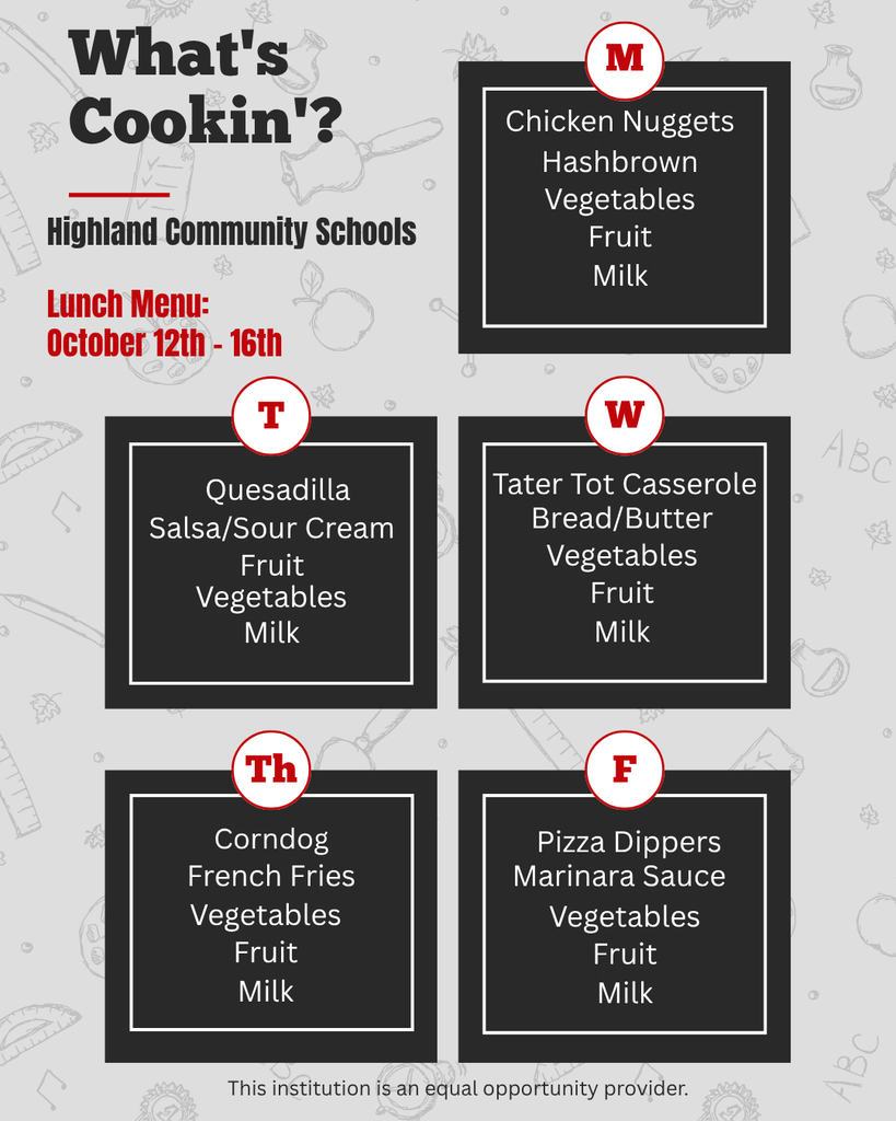 #HCSCardinals Lunch Menu October 12-16
