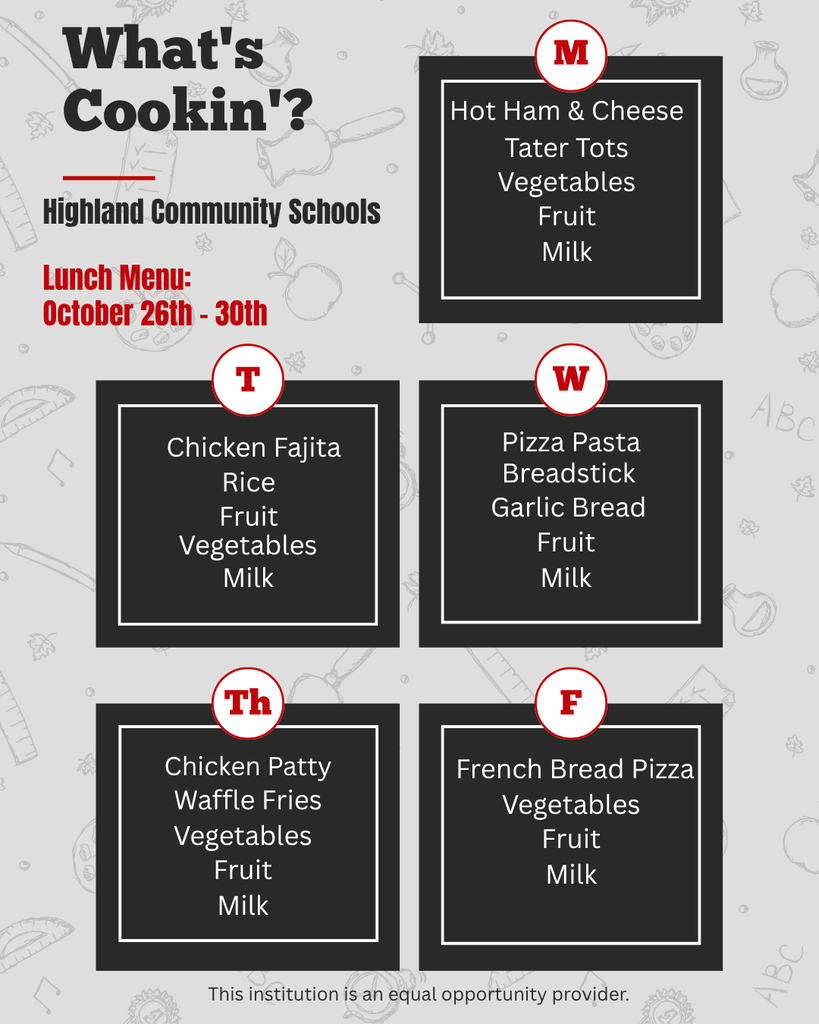 #HCSCardinals Lunch Menu October 𝟮𝟲 - 𝟯𝟬