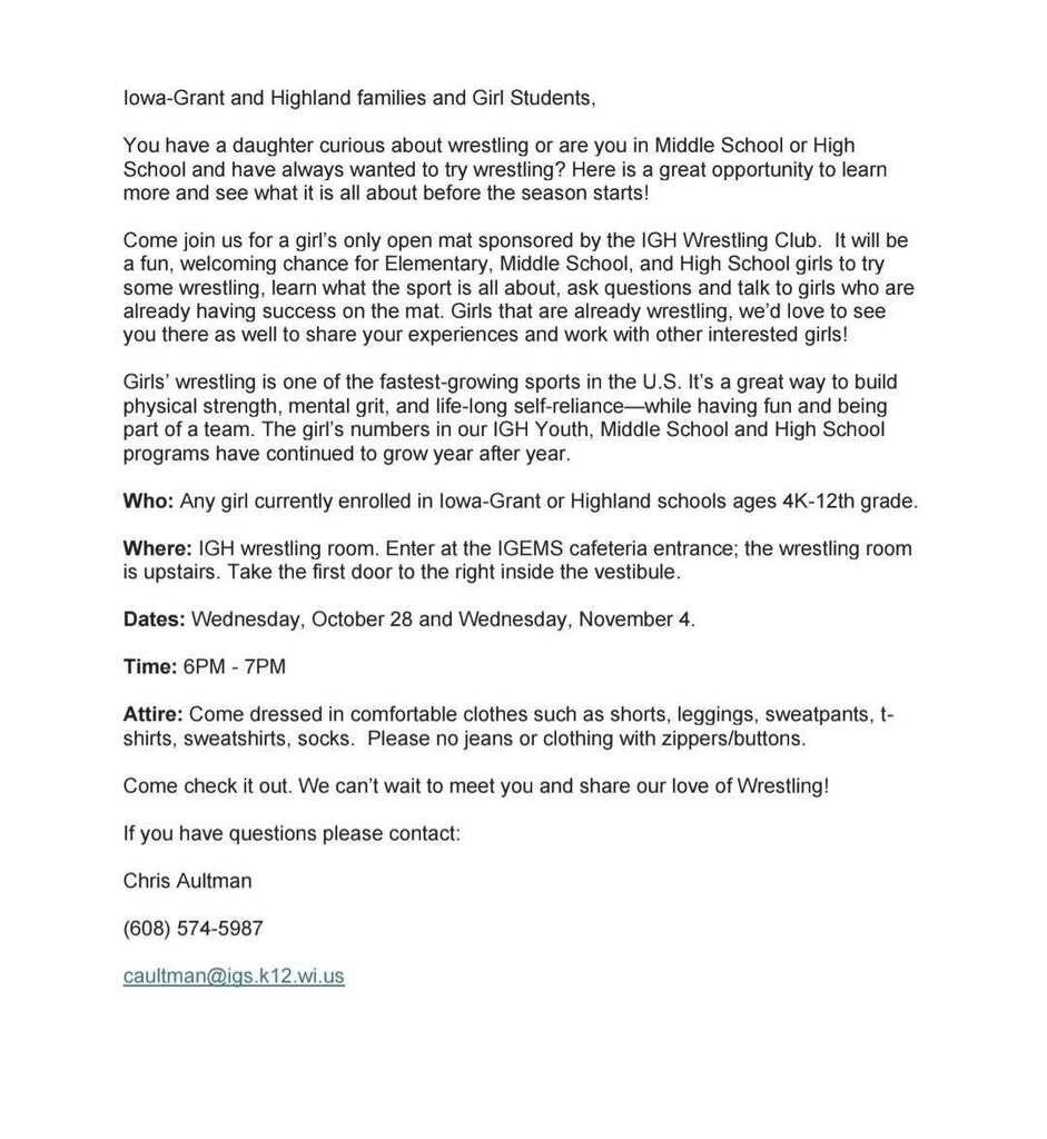 IGH Wrestling Open Mat Nights 10/28 $ 11/4 @ 7PM, IGH Wrestling Room in IGEMS
