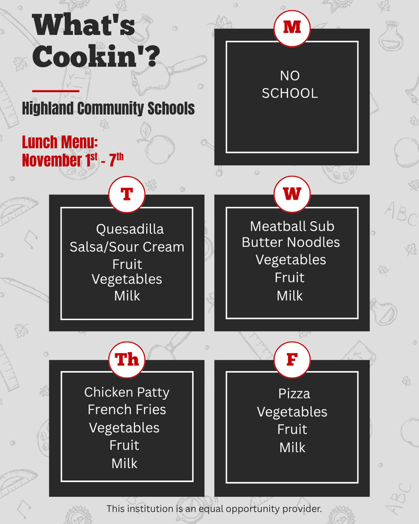 Lunch Menu Nov 1-7 #HCSCardinals