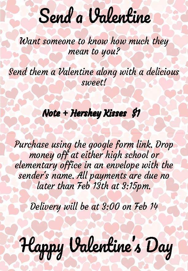 💌 Want to send someone a Valentine to let them know you care? 💕 Fill out the Google form to send them a sweet note and some Hershey Kisses! 🍫💖 📍 Bring your payment to either the elementary or high school office by Feb 13th at 3:15 PM. ❓ If you have any questions, reach out to Mrs. Hise at 📧 mhise@highland.k12.va.us. Spread the love! ❤️✨