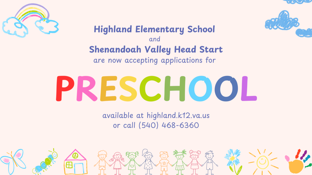 📢 We are currently accepting applications for the 2025-2026 school year through July 24, 2025!  📝 Submit your application to: 📍 Highland Elementary School 📧 Or email Kim Call at call.kd@augusta.k12.va.us  For more information and to access the application, visit our website: 🔗 https://www.highland.k12.va.us/page/preschool