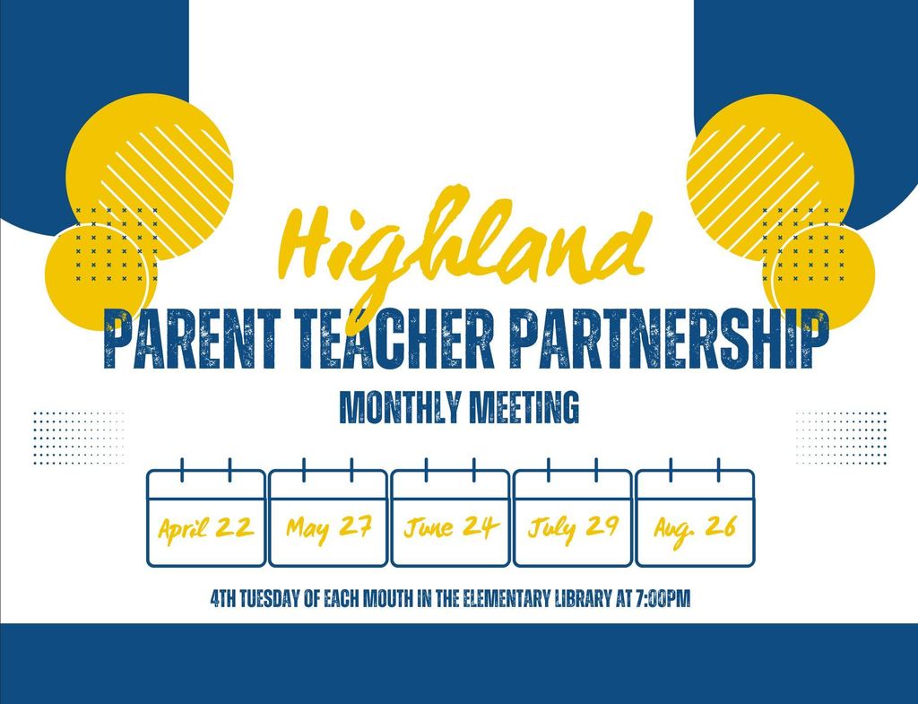 📢 Join Us for Our Highland Parent-Teacher Partnership Meetings! 📢  All Highland County Public Schools families are invited to attend! 🤝📚  🗓 Meeting Dates: ✅ April 22 ✅ May 27 ✅ June 24 ✅ July 29 ✅ August 26  🕖 Time: 7:00 PM 📍 Location: HES Library  Come be a part of the conversation and support our schools! We look forward to seeing you there! 💙