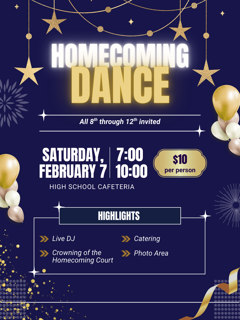 💃🕺 HOME­COMING DANCE — TOMORROW NIGHT! 🎶✨  Grab your friends and get ready to dance! Tomorrow night from 7:00–10:00 PM, the high school cafeteria is the place to be for the Homecoming Dance, open to 8th–12th grade students.  🎧 A live DJ will be spinning the music 📸 A fun photo area for pics with friends 🍴 Catering to keep the energy up 👑 Homecoming Court will be crowned  Tickets are $10 per person, so don’t miss out on one of the most fun nights of Homecoming Week. Dress to impress, bring your best moves, and make some memories with your Ram family!  See you on the dance floor! 💙💛