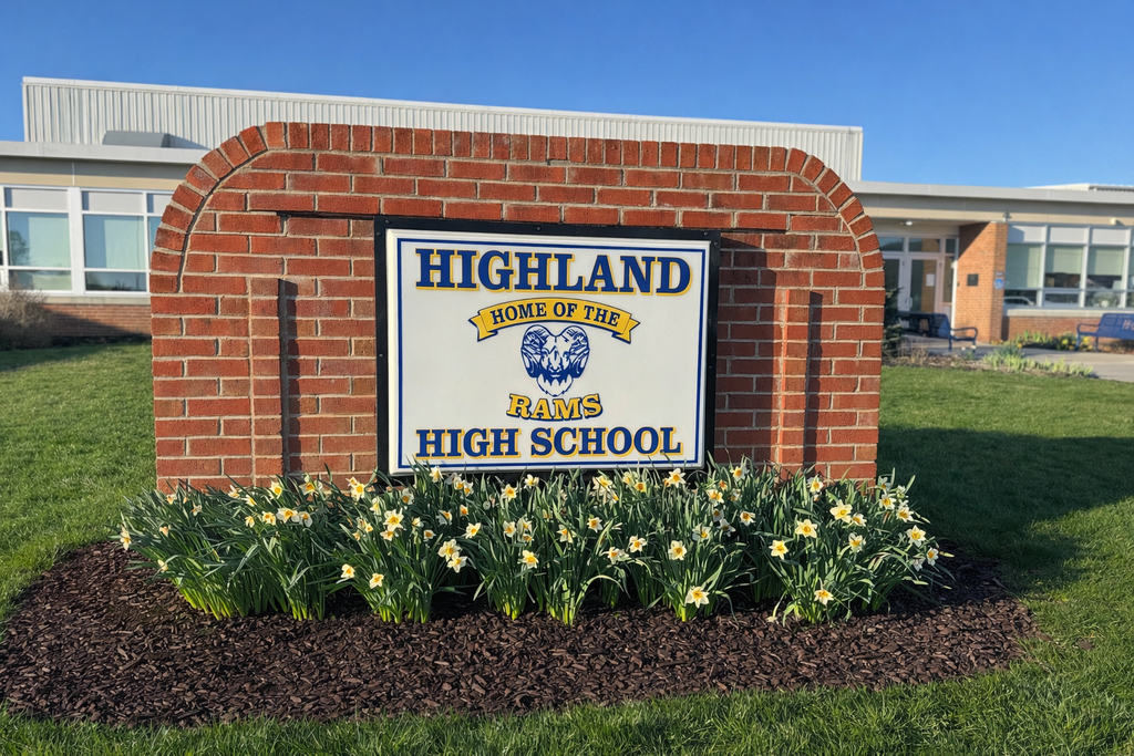🌸 Nothing says spring like sunshine on campus and flowers in full bloom in front of our Highland sign. It’s a great reminder of growth, new opportunities, and all the good things happening here each day. We’re proud of our school, our students, and this beautiful place we call Highland. 💙💛🐏