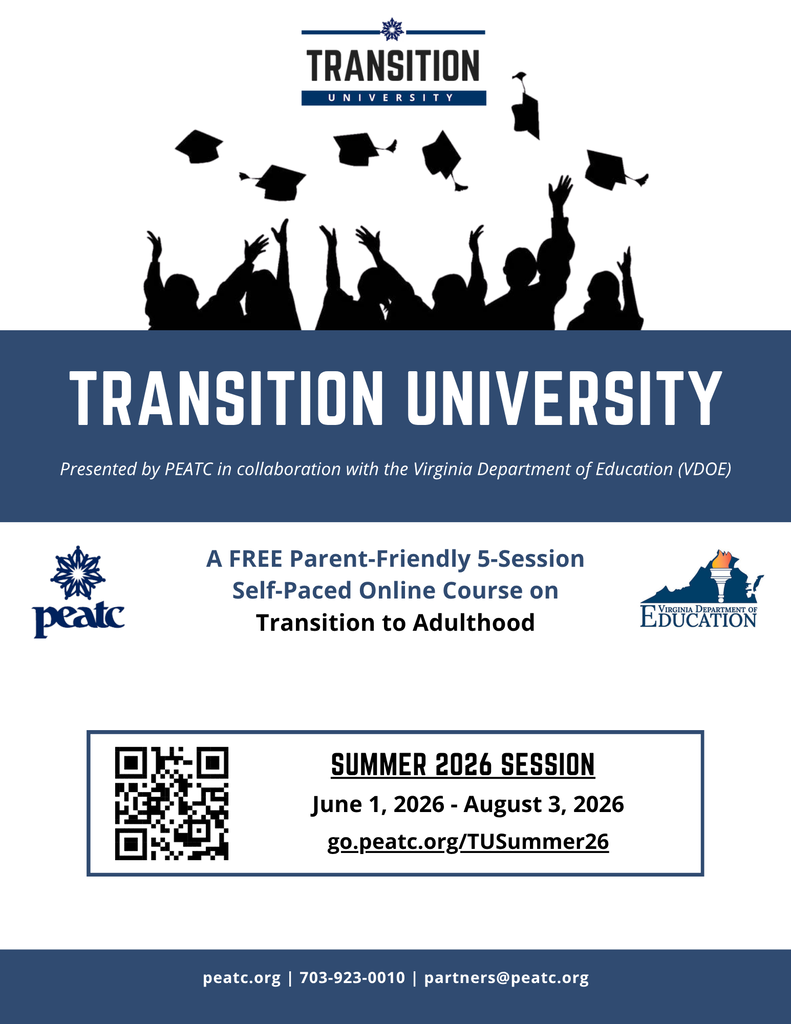 🎓 Planning for life after high school starts now!  Families of students with disabilities are invited to take part in Transition University, a FREE parent-friendly, self-paced online course presented by PEATC in collaboration with the Virginia Department of Education.  This 5-session course is designed to help families better understand the transition from school to adulthood, including topics like transition planning, employment, independent living, postsecondary options, and available resources.  📅 Summer 2026 Session: June 1 – August 3, 2026 💻 Online & Self-Paced 💲 Free to Participate  This is a great opportunity for parents and caregivers to gain helpful tools and confidence as they support their child’s journey into adulthood!  🔗 Learn more & register here: https://peatc.org/event/transition-university-summer-2026/  #HCPS #TransitionPlanning #ParentResources #SpecialEducation #VirginiaEducation