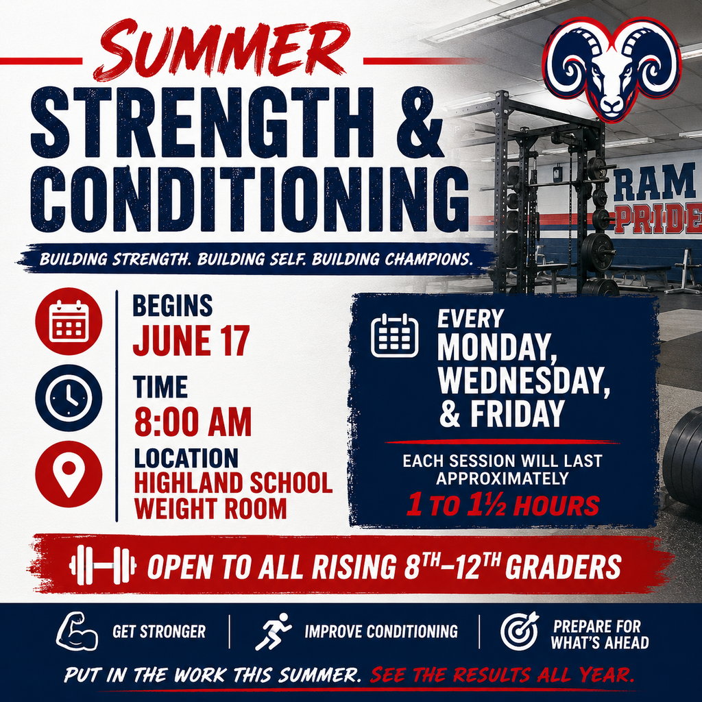 💪🏋️♂️ Summer Strength & Conditioning is Back! 🏋️♀️💪 Highland County Public Schools will be offering a Summer Strength & Conditioning program for all rising 8th–12th grade students. 📅 Begins June 17 ⏰ 8:00 AM 📍 Highland School Weight Room Workouts will be held every Monday, Wednesday, and Friday throughout the summer and will last approximately 1 to 1½ hours each session. This is a great opportunity for students to stay active, build strength, improve conditioning, and prepare for upcoming athletic seasons. We look forward to seeing our student-athletes and future student-athletes there! 💙❤️ #RamPride #SummerStrengthAndConditioning #HighlandRams #StayStrongStayActive