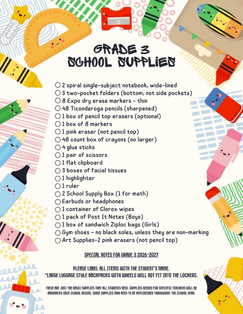 2026-2027 Grade 3 School Supply List
