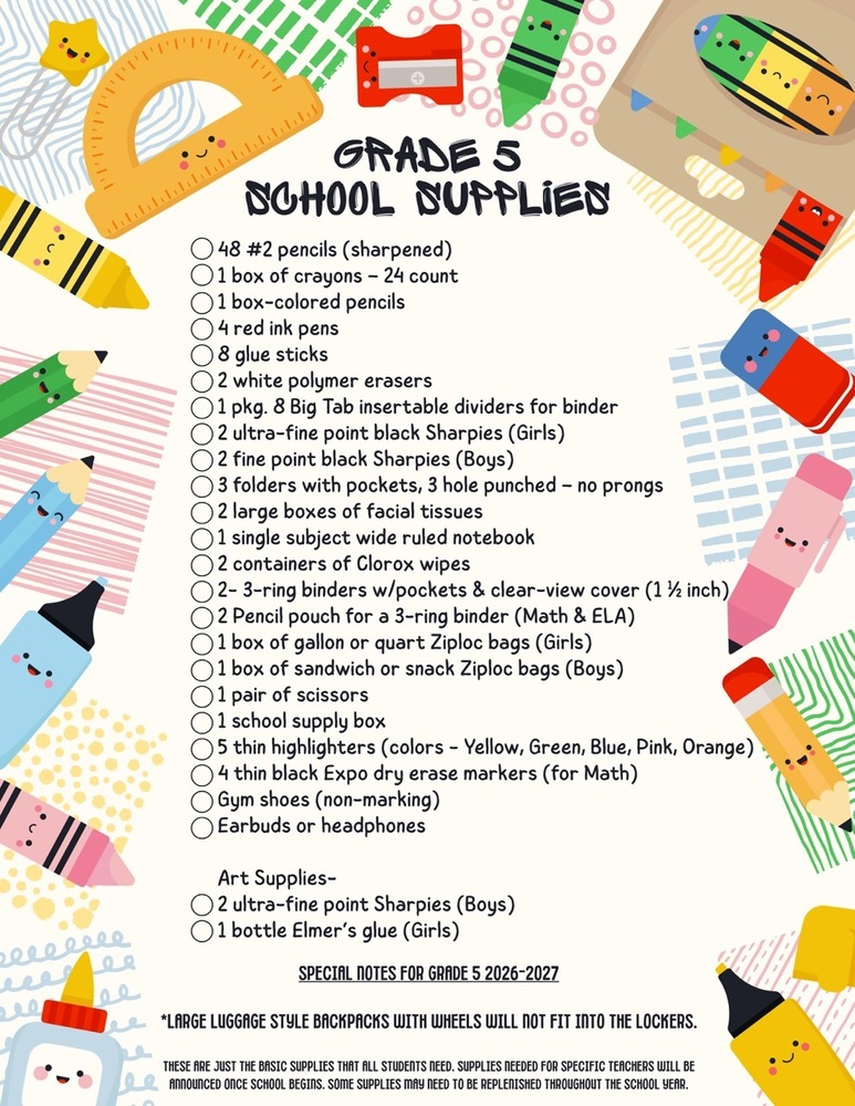 2026-2027 Grade 5 School Supply List