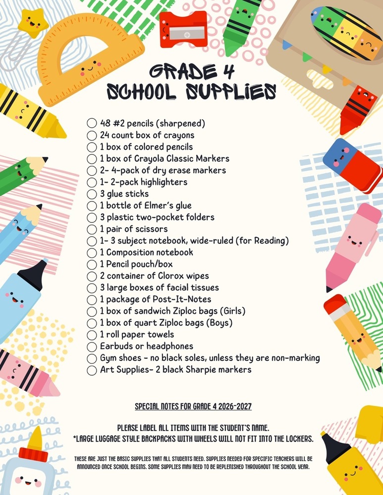 2026-2027 Grade 4 School Supply List