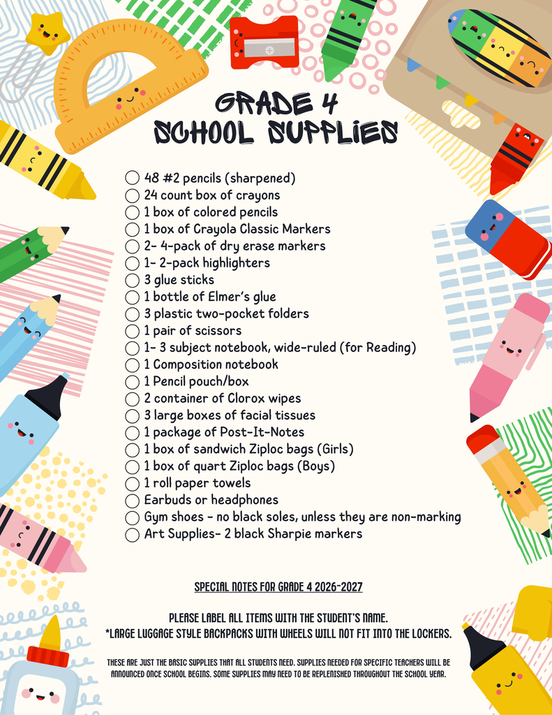 2026-2027 Grade 4 School Supply List