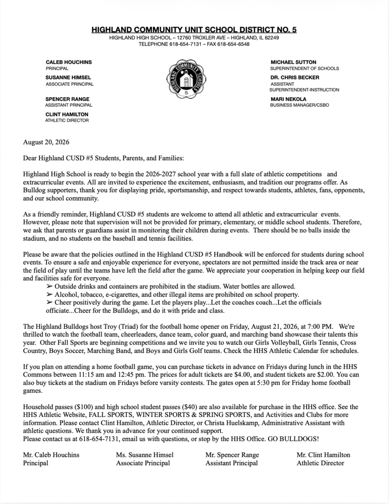 Athletic Letter 2026-2027