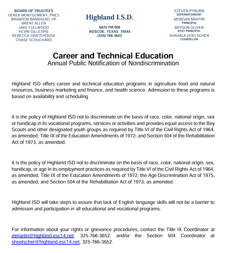 CTE - Annual Public Notification of Nondiscrimination