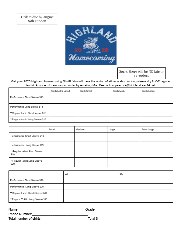 HOCO Tshirt order form