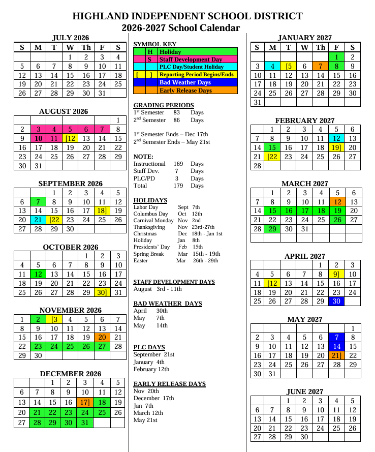 2026-2027 School Calendar