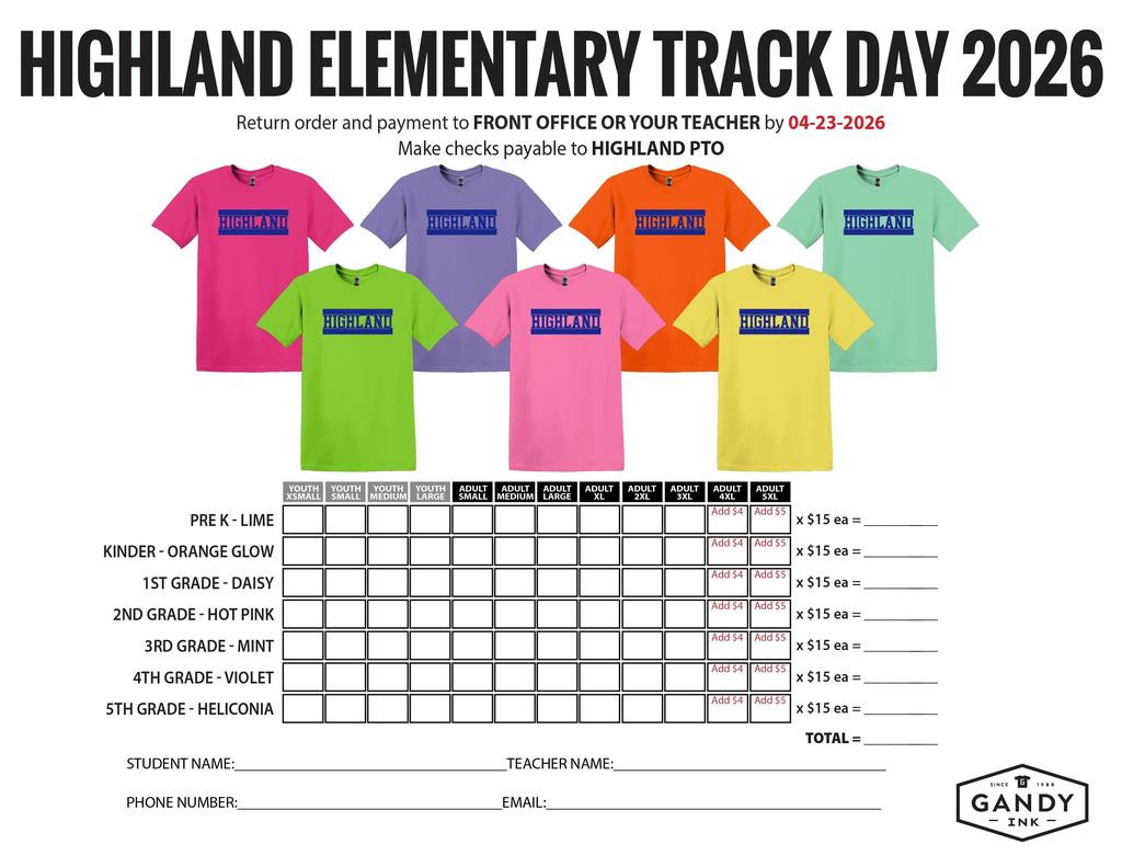 Highland Elementary Track Day Order Form