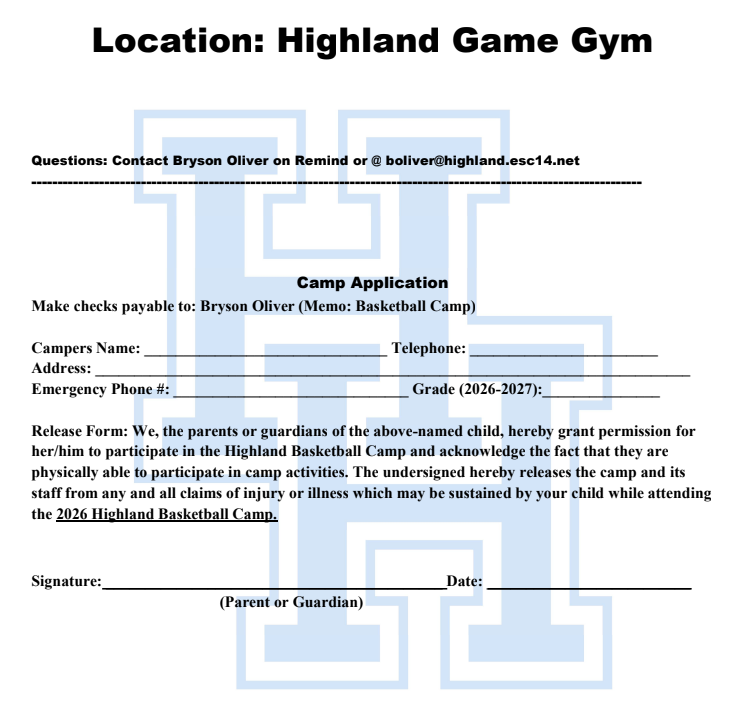 Basketball Camp Registration Form