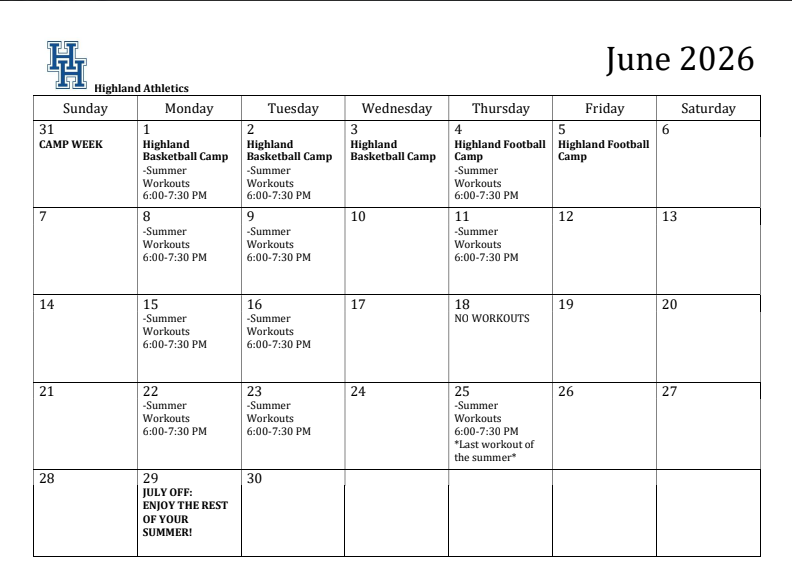 June Athletics Calendar