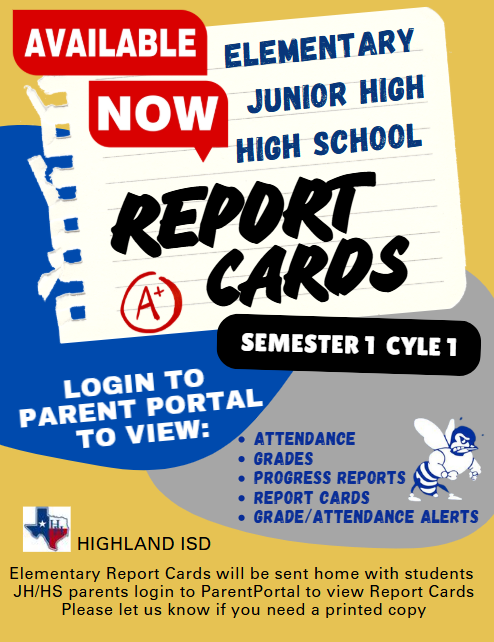 Semester 1 Cycle 1 Report Cards available on Parent Portal