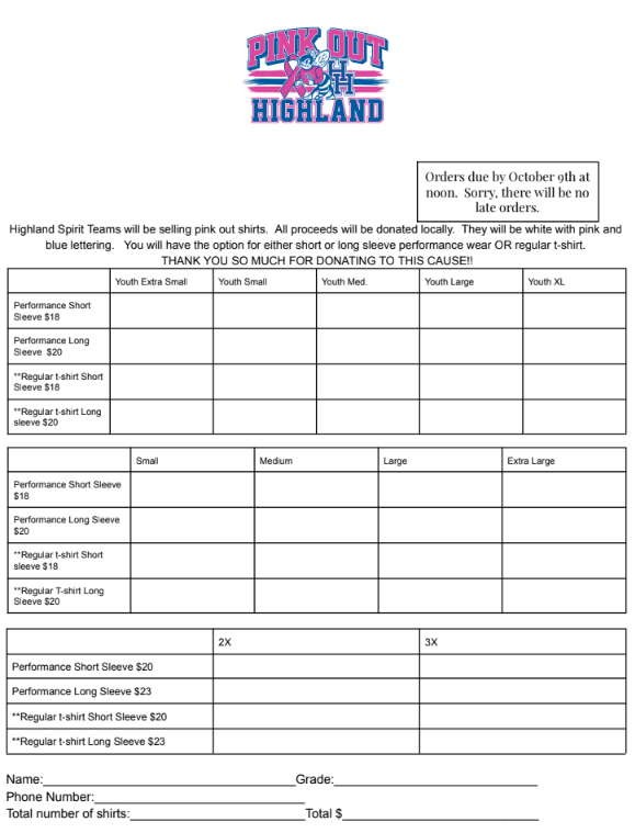 Pink Out Order Form