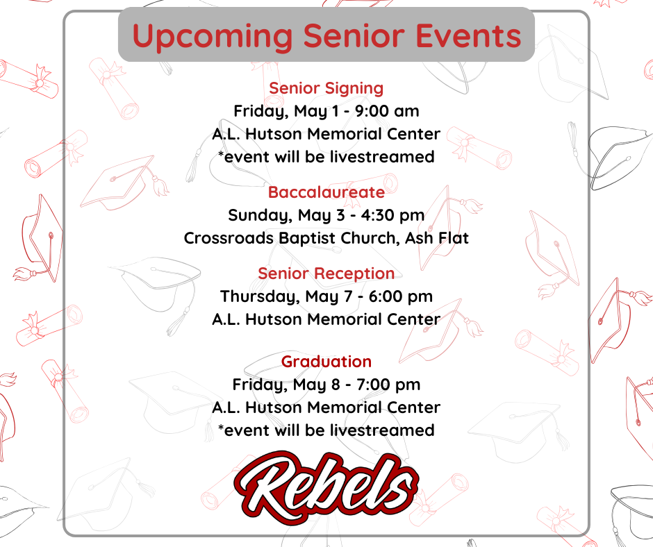Graduation is drawing near, and we want to remind you of some important upcoming senior events!  🎓 Senior Signing This Friday at 9:00 AM 📍 A.L. Hutson Memorial Center Seniors will sign with their college, trade school, or military branch of choice. This event will be livestreamed, and all are invited to attend.  ⛪ Baccalaureate Service Sunday at 4:30 PM 📍 Crossroads Baptist Church Open to all graduating seniors (cap and gown required) and their families. All are welcome.  🏅 Senior Reception 📅 May 7 at 6:00 PM 📍 A.L. Hutson Memorial Center Local scholarships and department awards will be presented. All are welcome.  🎉 Graduation Friday, May 8 at 7:00 PM 📍 A.L. Hutson Memorial Center This event will also be livestreamed. All are welcome.   We look forward to celebrating the Class of 2026!